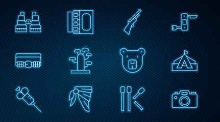 Set line Photo camera, Tourist tent, Hunting gun, African tree, cartridge belt, Binoculars, Bear head and Matchbox and matches icon. Vector