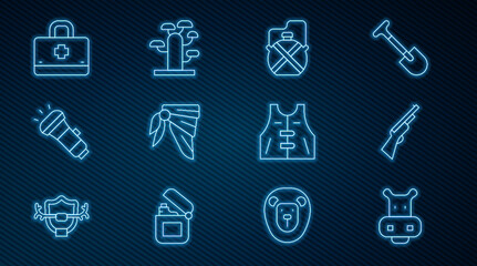 Set line Hippo or Hippopotamus, Hunting gun, Canteen water bottle, Bandana biker scarf, Flashlight, First aid kit, jacket and African tree icon. Vector