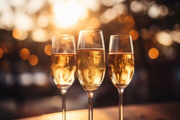 Three Glasses of Champagne agains a Soft Bokeh Background - Celebration - AI Generated