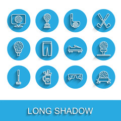 Set line Golf club, bag with clubs, label, Glasses, ball, pants, on tee and shoe icon. Vector