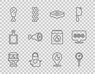 Set line Brick stove, Kitchen thermometer, Steak meat, apron, Chicken leg, Location with fire flame and Barbecue icon. Vector