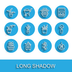 Set line Indoor plant ivy in a pot, Garden sprayer for fertilizer, Plant, Ivy branch, hanging, Flower glass bottle, Shovel and Exotic tropical icon. Vector