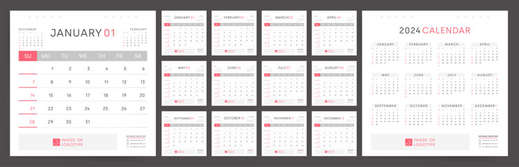 2024 Calendar Design Template. Sunday start Weekly Layout. Clean and Minimalist Professional Square Business Planner. English Vector Calendar for Modern Office Use.