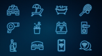 Set line Wi-Fi wireless internet, Digital door lock, Bathtub, Bottle of champagne, Hair dryer, Taxi car, Hotel booking calendar and Sunbed with umbrella icon. Vector