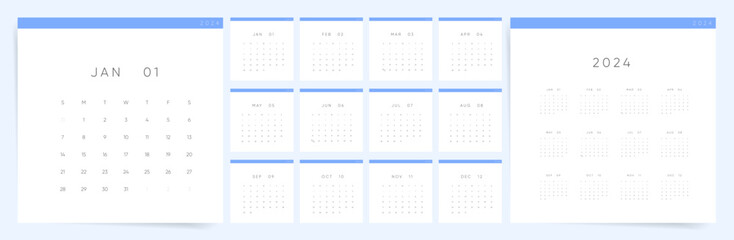 2024 Calendar Template Design. Week Starts on Sunday Office Calendar. Desktop Calender in simple clean style. Corporate or Business Calendar. Square Vector Calendar layout. - obrazy, fototapety, plakaty