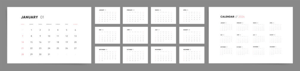 2024 Calendar Template Design. Week Starts on Sunday Office Calendar. Desktop Horizontal Calender in simple clean style. 