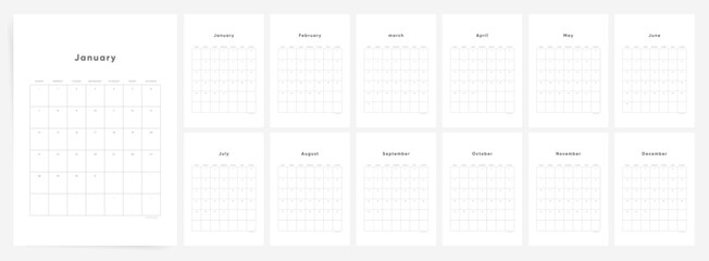 2024 Calendar Template Design. Week Starts on Sunday Office Calendar. Desktop Calender in simple clean style. Corporate or Business Calendar. Clean Vertical Vector Calendar layout. - obrazy, fototapety, plakaty