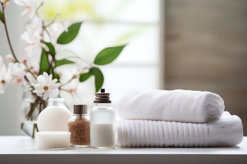 Bright modern bathroom concept. White towels, care products and plants background
