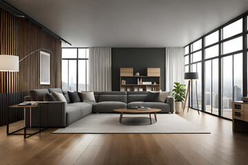 Fototapeta na wymiar Luxurious and minimalist wooden living room