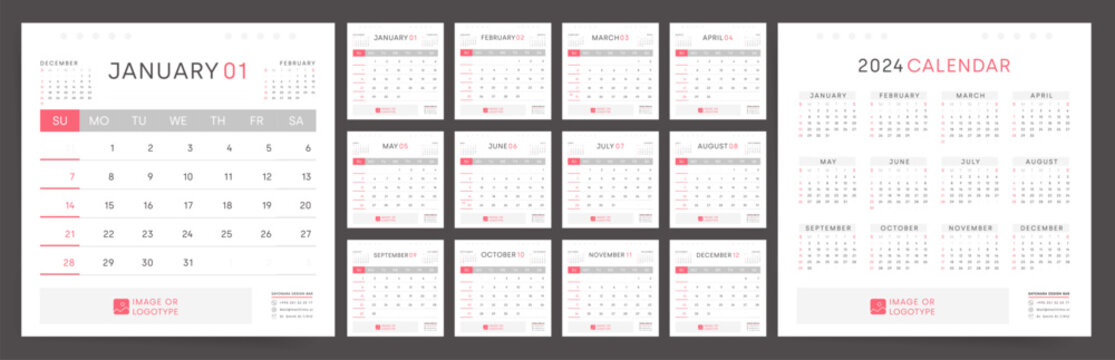 2024 Calendar Design Template. Sunday start Weekly Layout. Clean and Minimalist Professional Square Business Planner. English Vector Calendar for Modern Office Use.