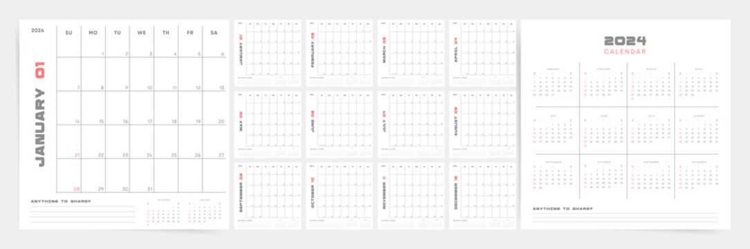 2024 Desktop Calendar Template. Week Starts on Sunday. Clean Minimalist Design. Business and Personal Use. English Vector Layout for Efficient Planning.