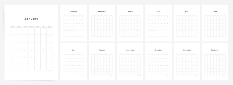 2024 Calendar Template Design. Week Starts on Sunday Office Calendar. Desktop Calender in simple clean style. Corporate or Business Calendar. Clean Vertical Vector Calendar layout.