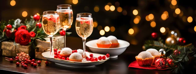 Fotobehang christmas table setting with champagne glasses and desserts on blurred background, presents, christmas spirit, santa clauss, familiy, tree, © VicenSanh