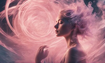 digital composite of beautiful female in pink and white dress with smoke in front of pink and purple background woman in white with pink smoke digital composite of beautiful female in pink and white d - Powered by Adobe