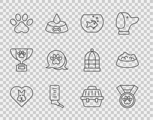 Set line Heart with dog, Pet award symbol, Aquarium fish, Drinker for small pets, Paw print, carry case and food bowl cat icon. Vector