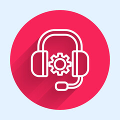 White line Headphones icon isolated with long shadow. Support customer service, hotline, call center, faq, maintenance. Red circle button. Vector