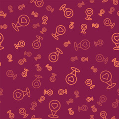Brown line Map pointer with heart icon isolated seamless pattern on red background. Valentines day. Love location. Romantic map pin. Vector