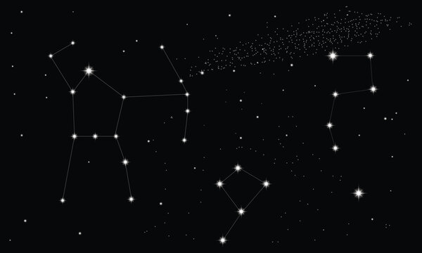 Orion constellation. Starry night sky. Cluster of stars and galaxies. Deep space. Vector illustration. The Constellation Of Orion. The Hunter - linear icon. Vector illustration of constellation Orion