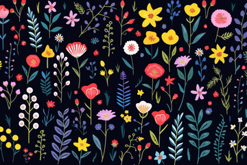 Wildflowers in meadows quirky doodle pattern, wallpaper, background, cartoon, vector, whimsical Illustration