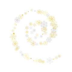 Gold snowflakes frame on white background. New year theme. Stylish shiny Christmas frame for holiday banner, card, sales, special offers. Falling snow with gold snowflakes and glitter for party invite