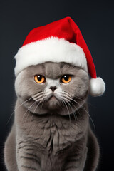 Close-up of an expressive cat wearing a Santa Claus hat on a grey background