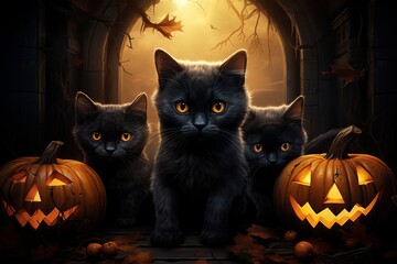 Halloween cute black kittens with pumpkins. Jack lantern illustration Generative AI