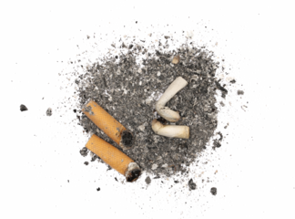 Cigarette stubs, butts and ash isolated on white background, top view