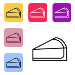 Black line Cherry cheesecake slice with fruit topping icon isolated on white background. Set icons in color square buttons. Vector