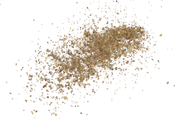 Dried and chopped up basil spice pile isolated on white background, top view