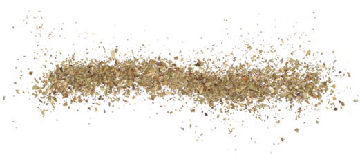 Dried and chopped up basil spice pile isolated on white background, top view