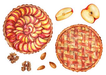 Plum pies and American apple pie on a white background. Watercolor illustration © Світлана Вільгаук
