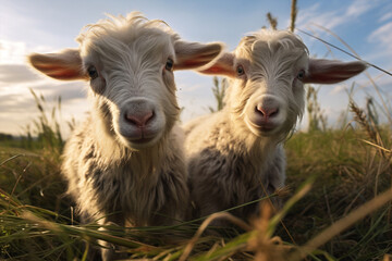 Sun rural farming baby cute summer domestic goat mammal animals green grass landscape
