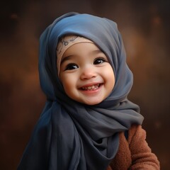 A baby smiling in a hijab, portrait a muslim child girl in hijab, super close up, hyper realistic and detail, bautiful dreamy light,