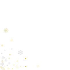 Gold snowflakes frame on white background. New year theme. Stylish shiny Christmas frame for holiday banner, card, sales, special offers. Falling snow with gold snowflakes and glitter for party invite