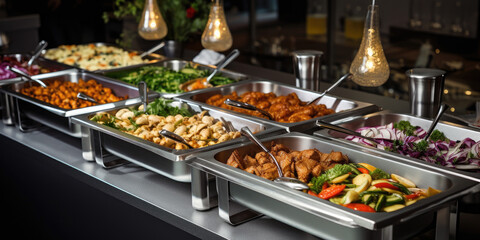 Catering buffet food in restaurant or cafe with meat and vegetables - obrazy, fototapety, plakaty