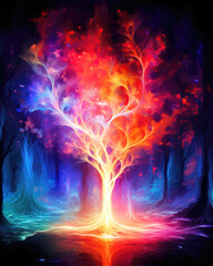 abstract fire tree on the dark background with blue and red lights