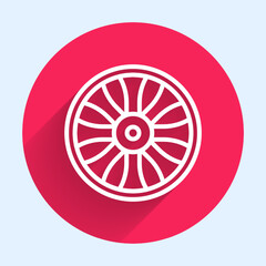 White line Alloy wheel for car icon isolated with long shadow background. Red circle button. Vector