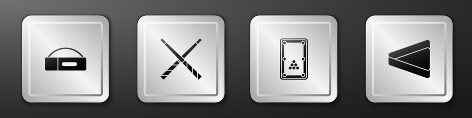Set Case for billiard cue, Crossed cues, Billiard table and triangle icon. Silver square button. Vector