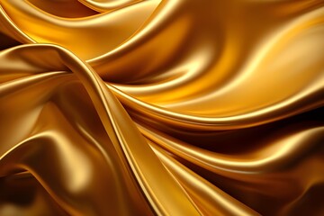 Closeup of rippled golden satin fabric as background texture