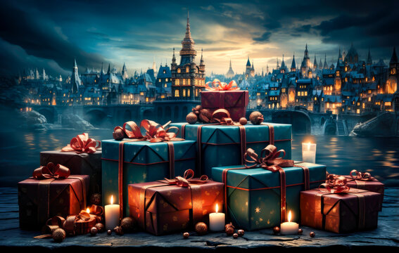 christmas gifts stacked, a city at night in the background, christmas, presents, christmas spirit, santa clauss, familiy, tree,