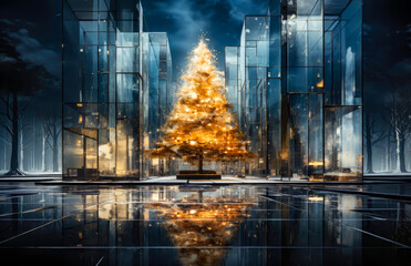 a christmas tree in the middle of glass buildings, christmas, presents, christmas spirit, santa clauss, familiy, tree,