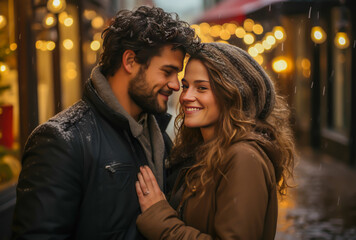 Fototapeta premium a couple standing near a christmas market, they are hugging, smiling, excited, christmas, blurred street lights christmas