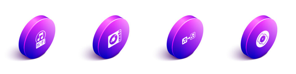 Set Isometric Music note, tone, Vinyl player with vinyl disk, and icon. Vector