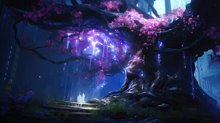 Fantasy landscape with tree and magic light