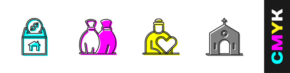 Set Donation and charity, Garbage bag, Volunteer and Church building icon. Vector