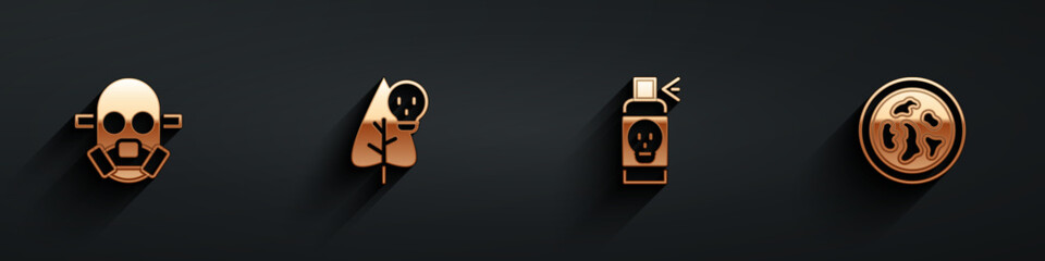 Set Gas mask, Poison flower, Spray against insects and Petri dish with bacteria icon with long shadow. Vector