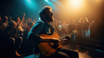 Musician with guitars singing at concert