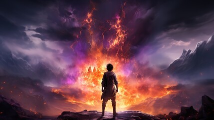 Obraz premium A Magical Illustration of Fantasy Environment where a Person Standing and Enjoying the Moment