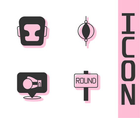 Set Boxing ring board, helmet, glove and Punching bag icon. Vector