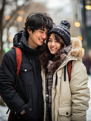 a couple is in the street, hugging and smiling, it is winter and it is cold. lifestyles, relationships